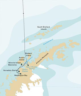 Navegaremos por el espectacular Canal Lemaire hacia las islas Petermann y Pleneau donde podremos encontrar pingüinos Adelia (Pygoscelis adeliae) y cormoranes imperiales